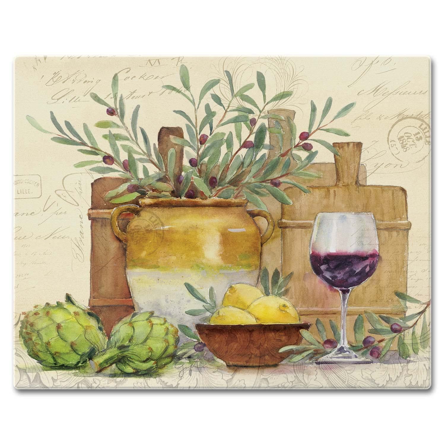 Watercolor still life with artichokes, wine, lemons, and olive branches