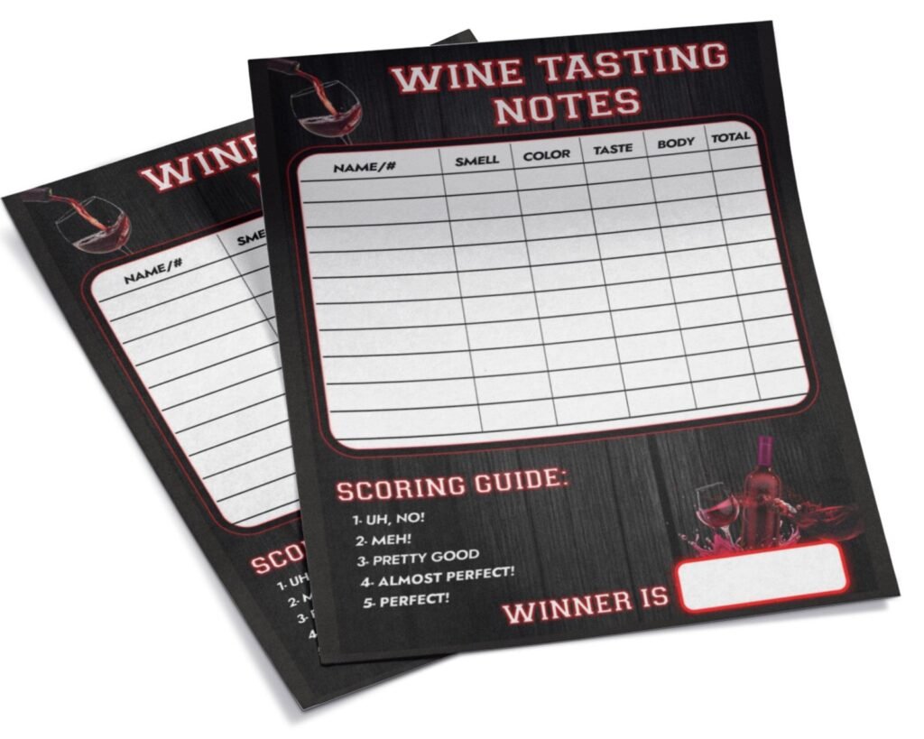 Wine tasting note pads with scoring guide and space for notes