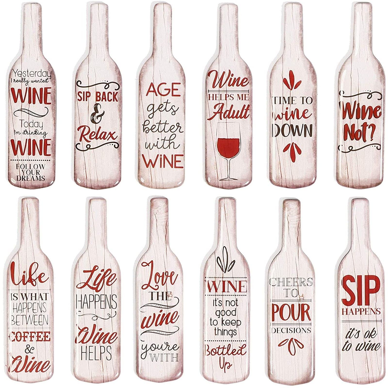 Wooden wine bottle signs with various wine-related sayings and quotes
