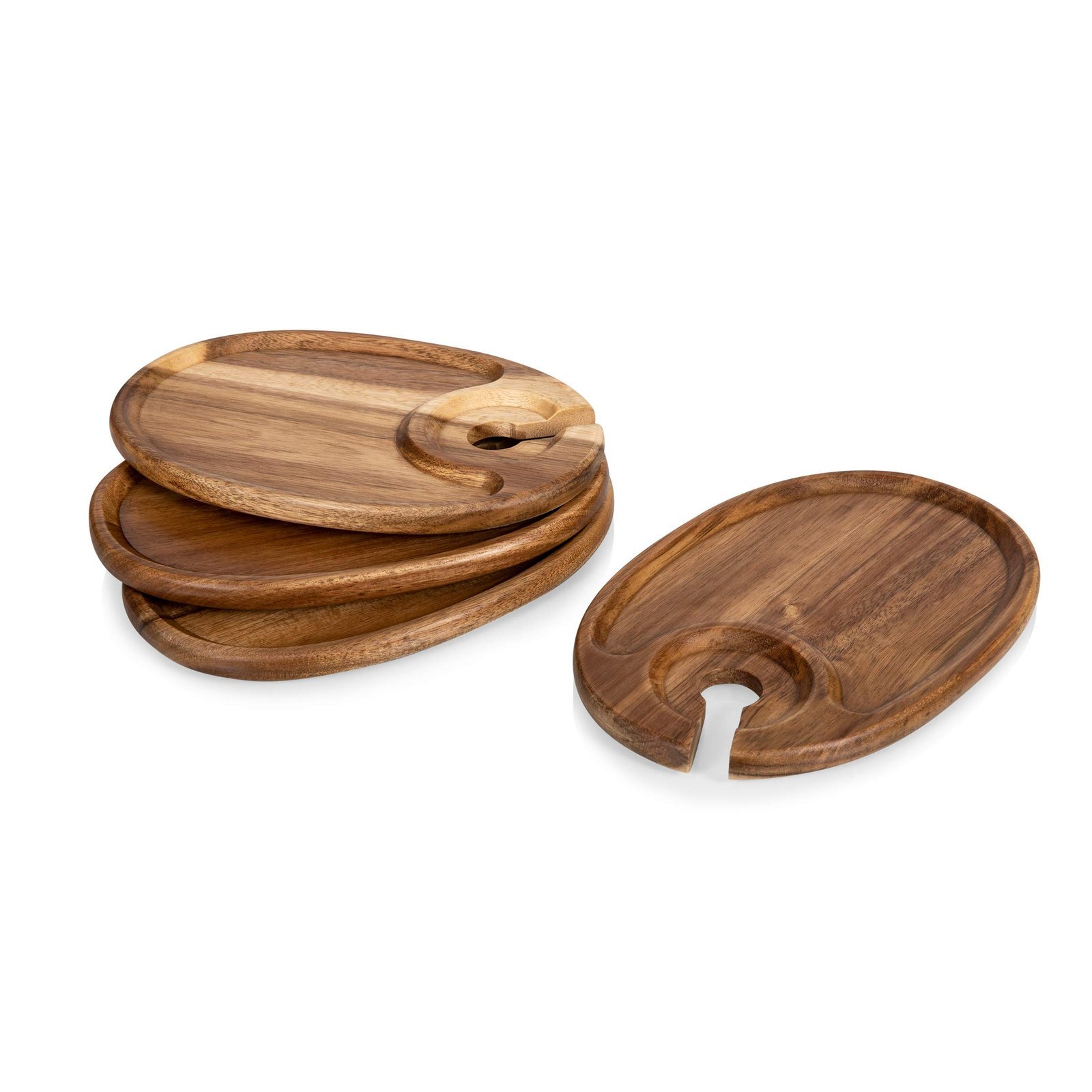 Wooden oval serving trays with wine glass holders, stacked and separate