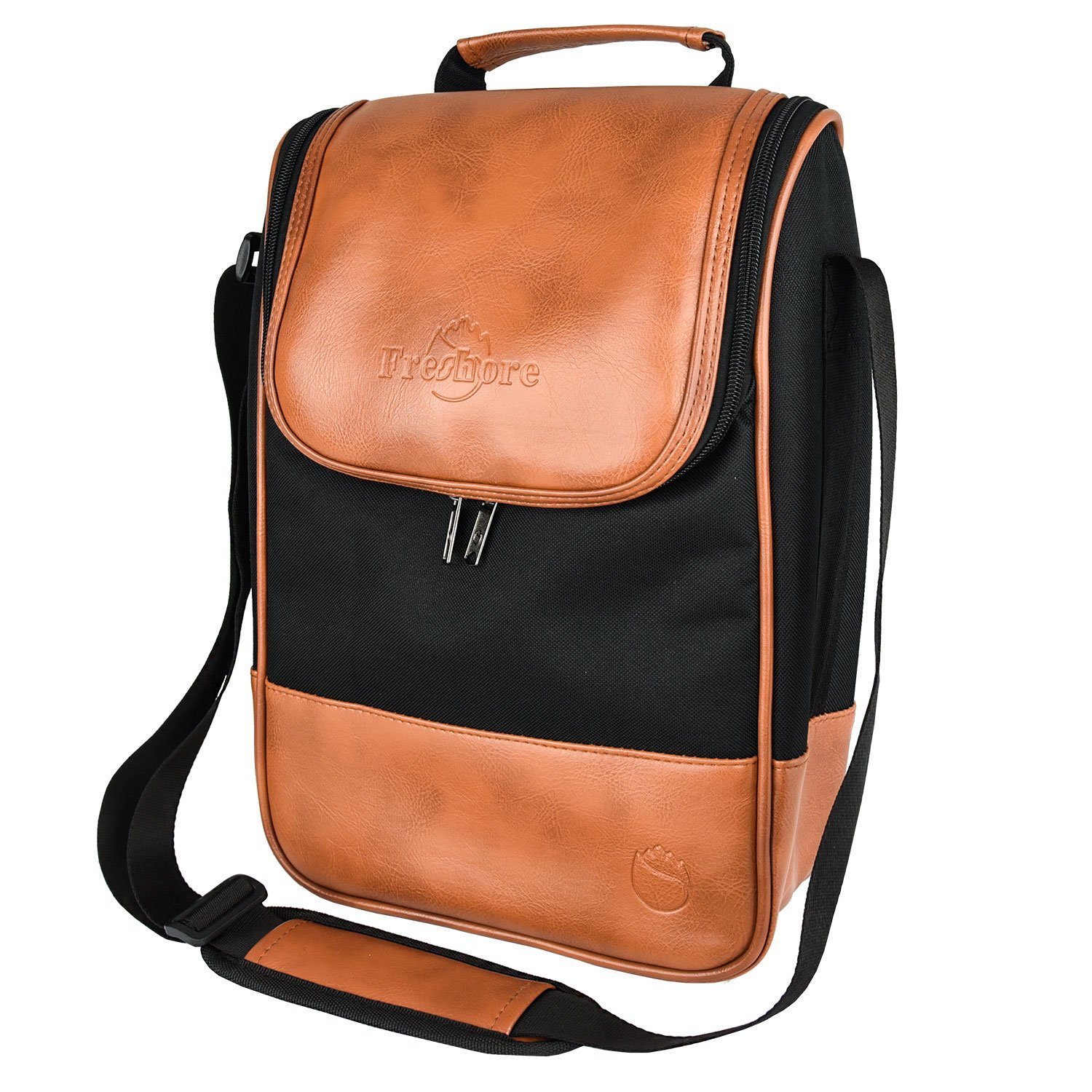 Brown and black insulated wine carrier bag with shoulder strap