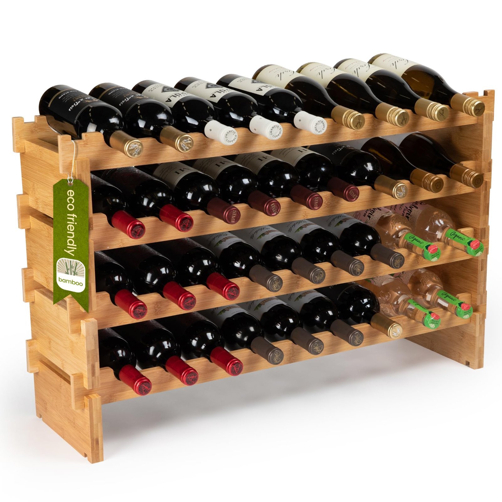 Bamboo wine rack filled with various wine bottles, eco-friendly tag visible