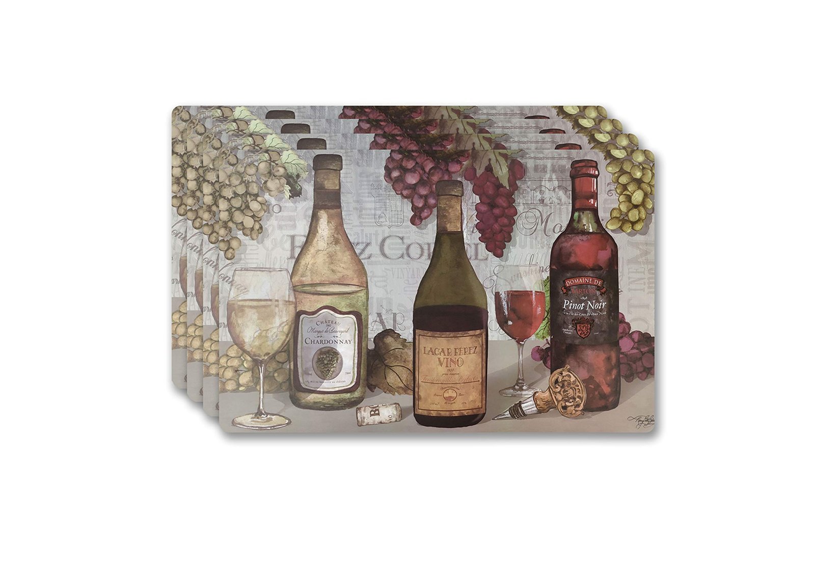 Wine bottles, glasses, and grapes on a placemat with a vintage design