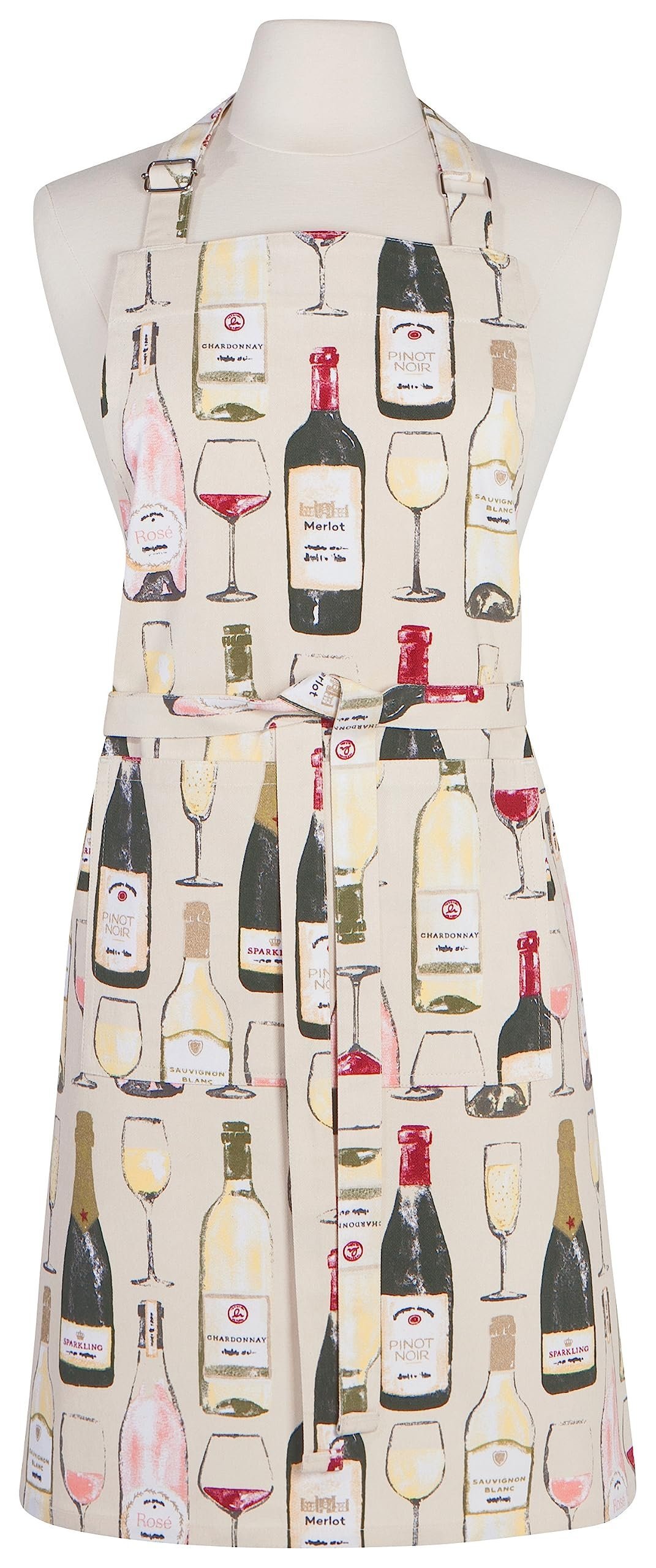 Apron with wine bottles and glasses pattern on a mannequin