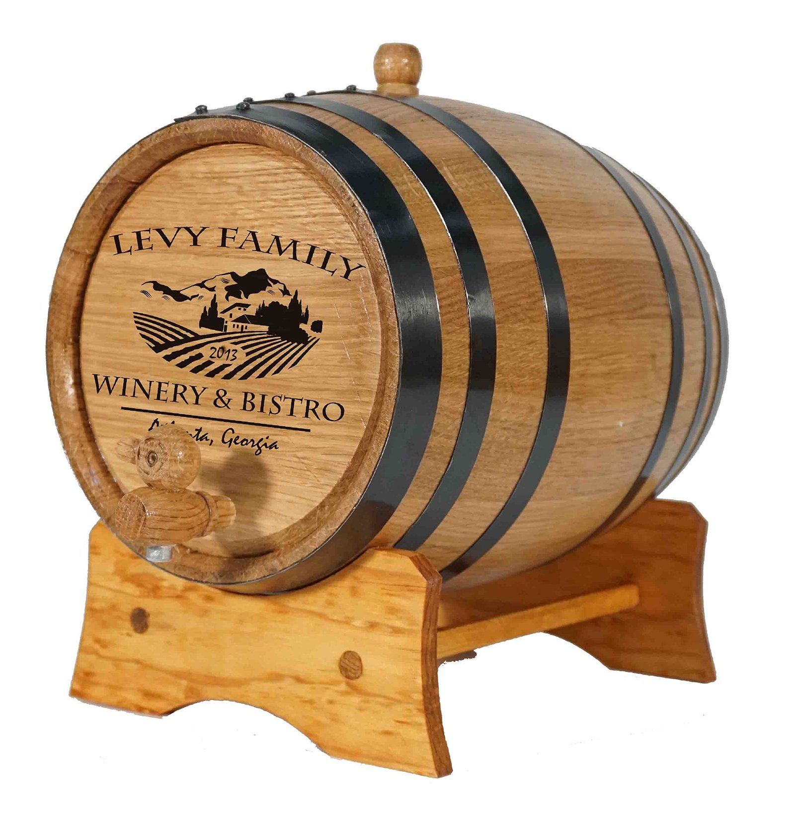 Wooden wine barrel with winery logo, on a wooden stand