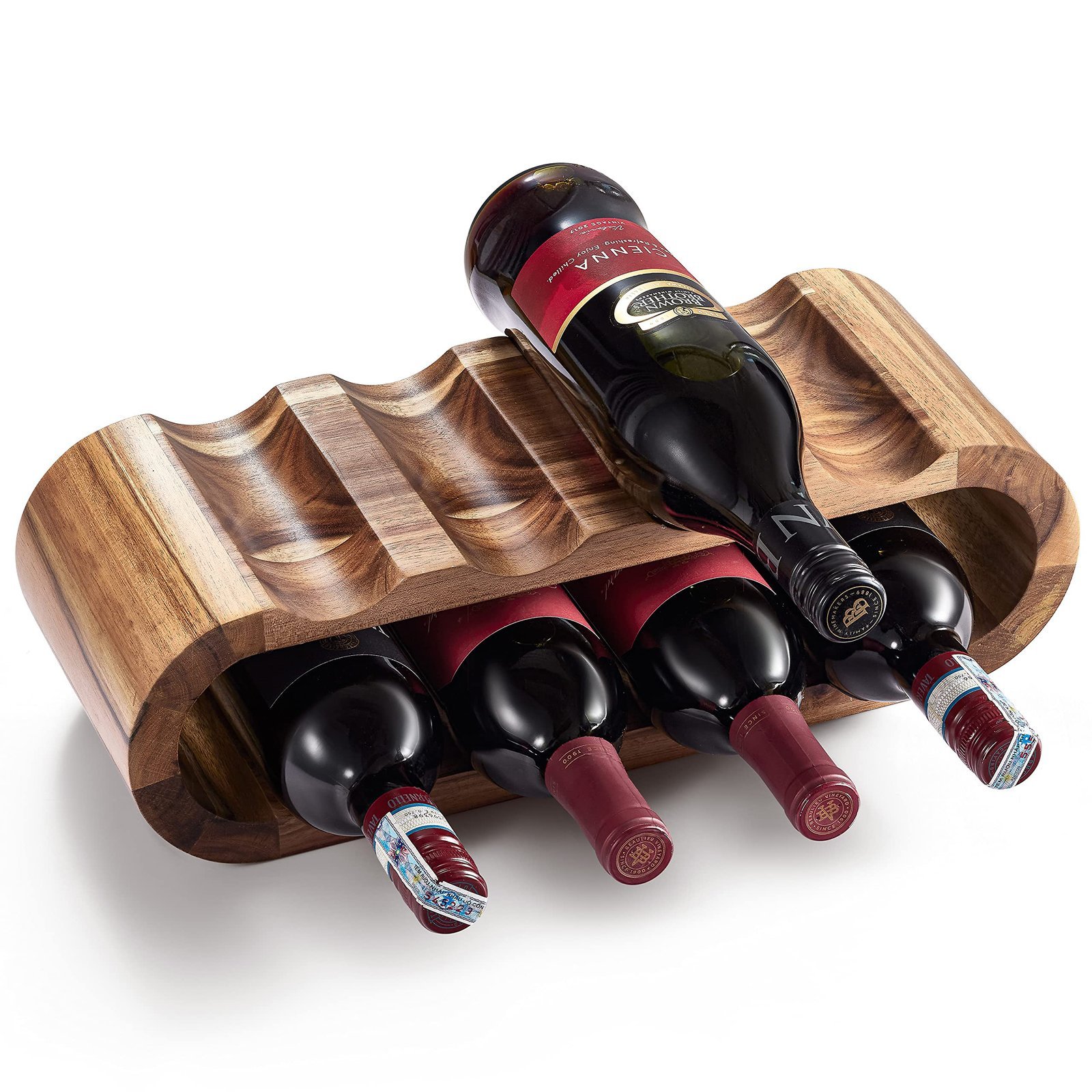 Wooden wine rack holding four bottles of red wine, one bottle tilted