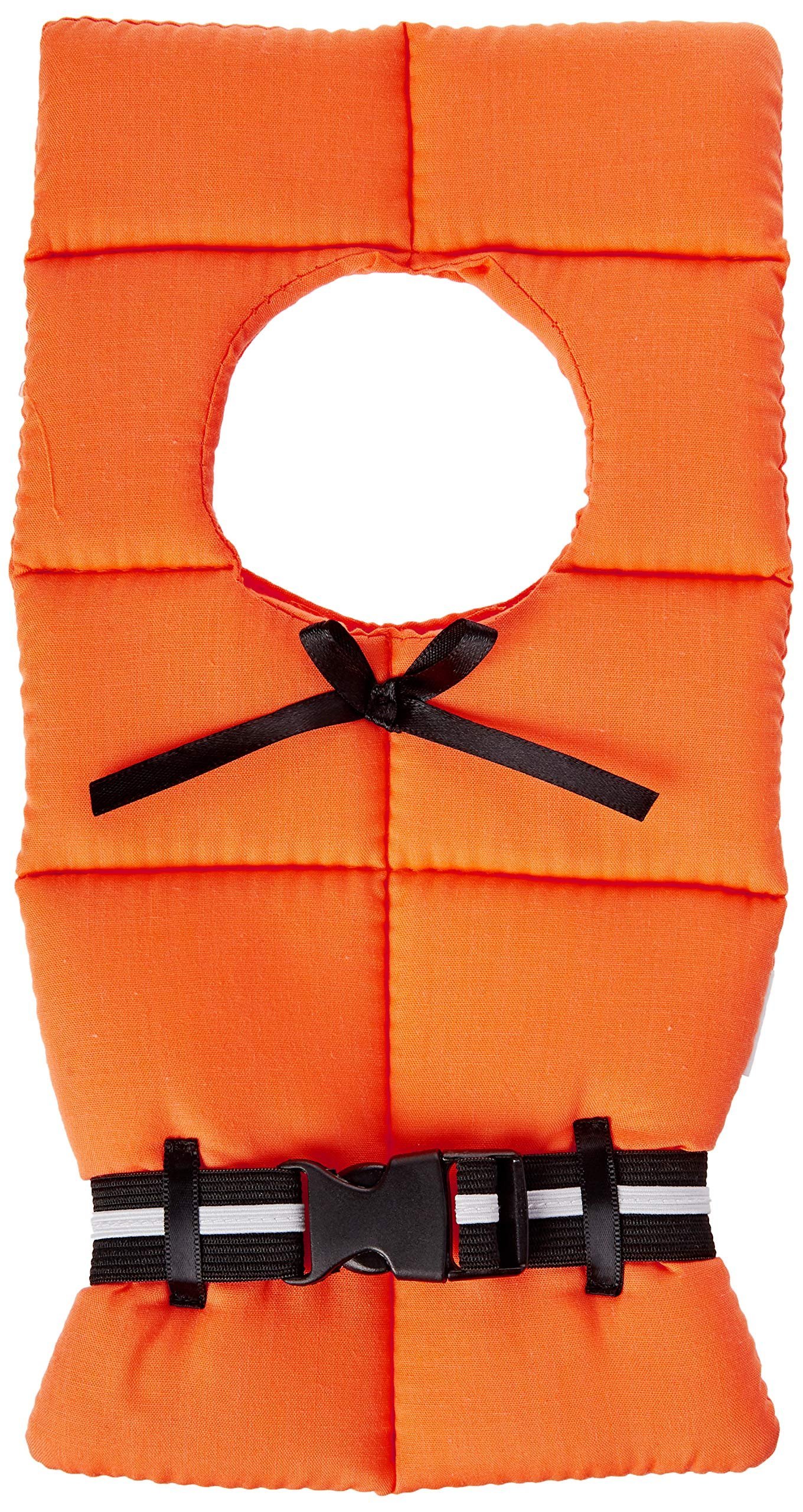 Orange pet life vest with black bow and buckle closure