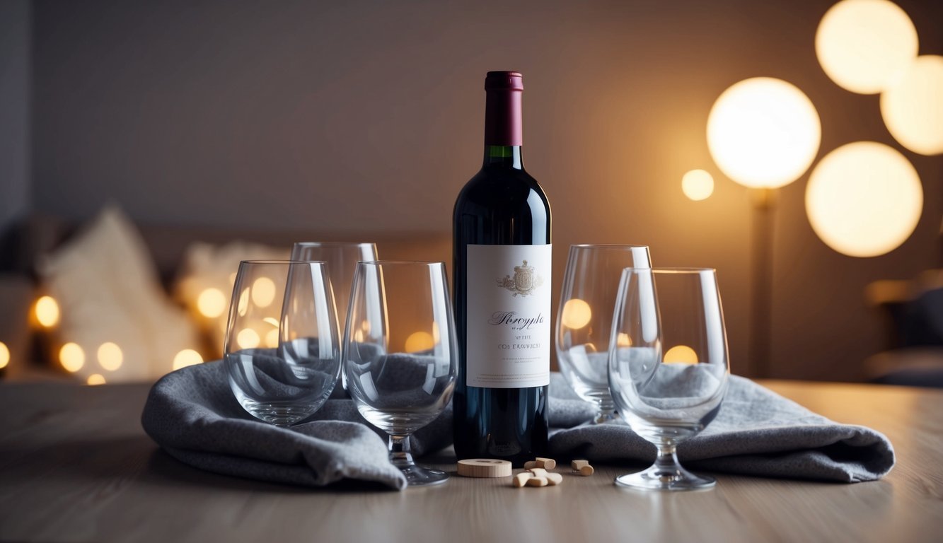 Bottle of red wine with glasses on a table, soft lighting
