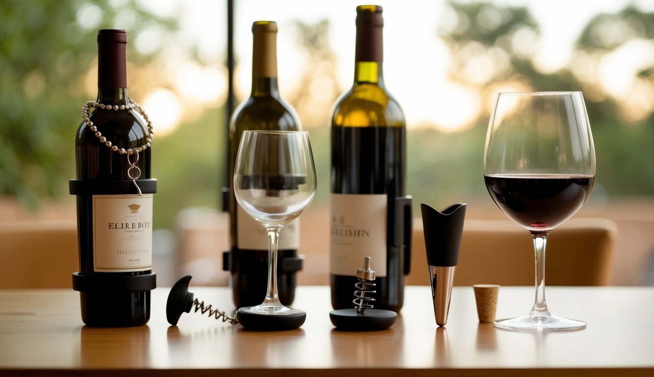 Wine bottles, glasses, and accessories on a wooden table
