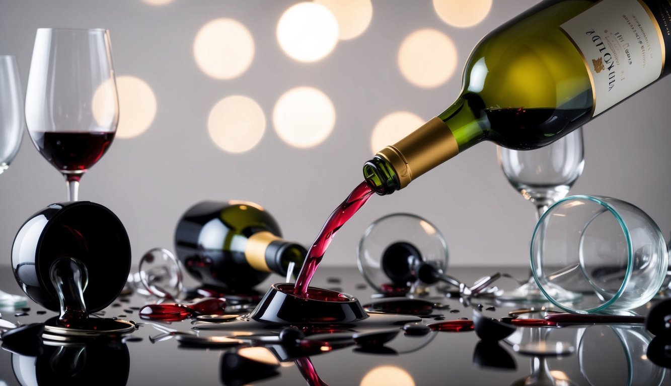 A wine bottle surrounded by spilled wine, knocked-over glasses, and scattered wine accessories, representing the 7 deadly sins of wine etiquette