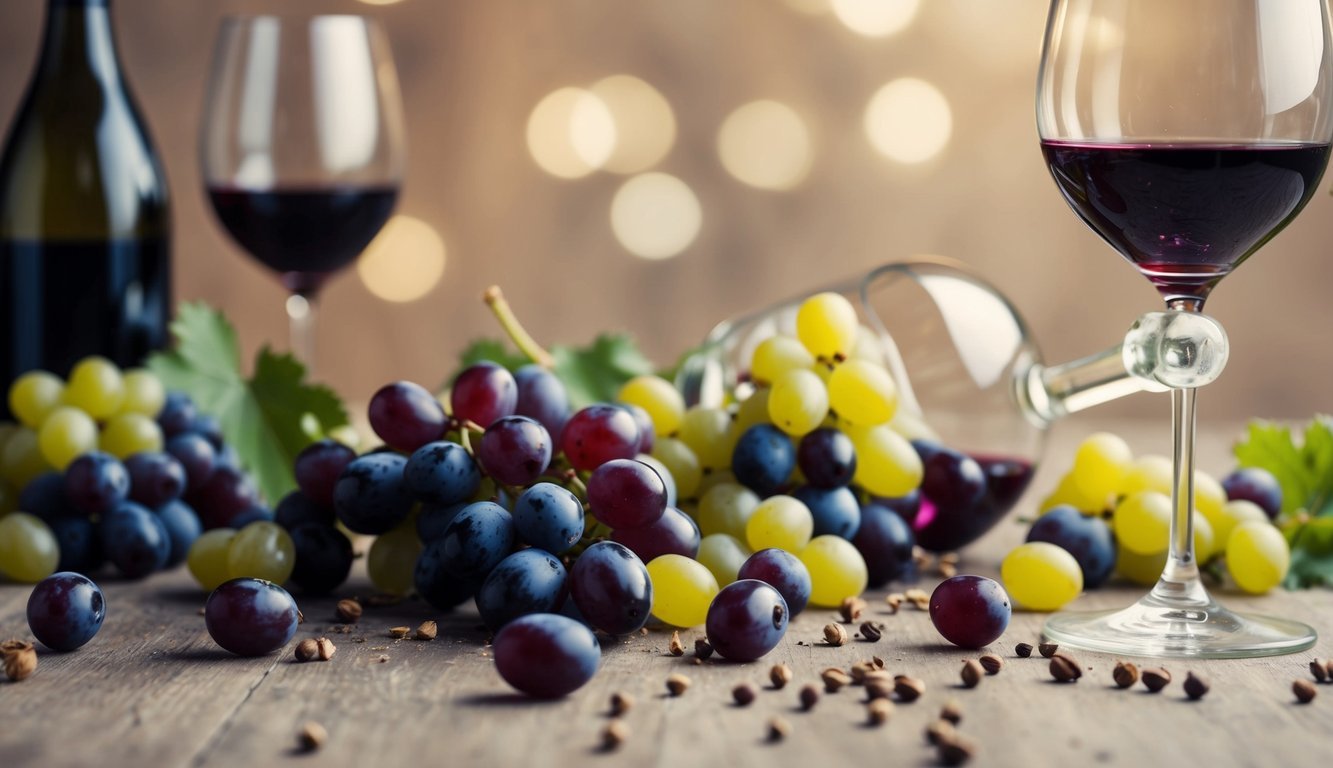 A wine glass spills over, surrounded by scattered grapes and a disheveled table setting