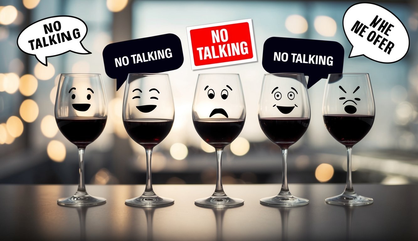 A group of wine glasses with various expressions, surrounded by speech bubbles and a "no talking" sign