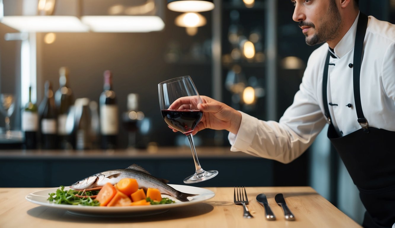 A person reaching for a glass of red wine next to a plate of fish, while a sommelier looks on disapprovingly