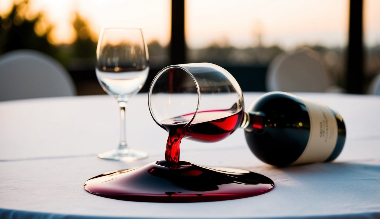 A wine glass overflows with red wine, spilling onto a white tablecloth