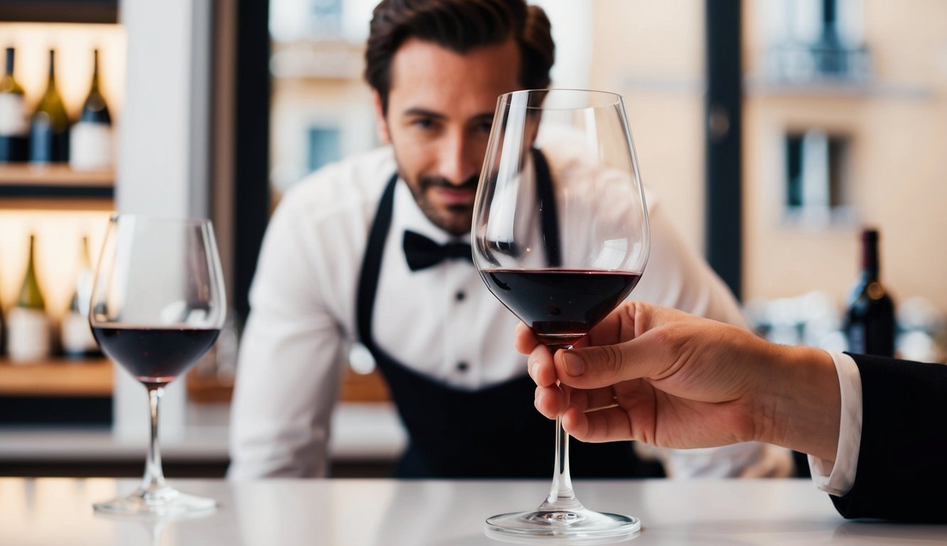 A hand holding a wine glass by the bowl, with a sommelier cringing in the background