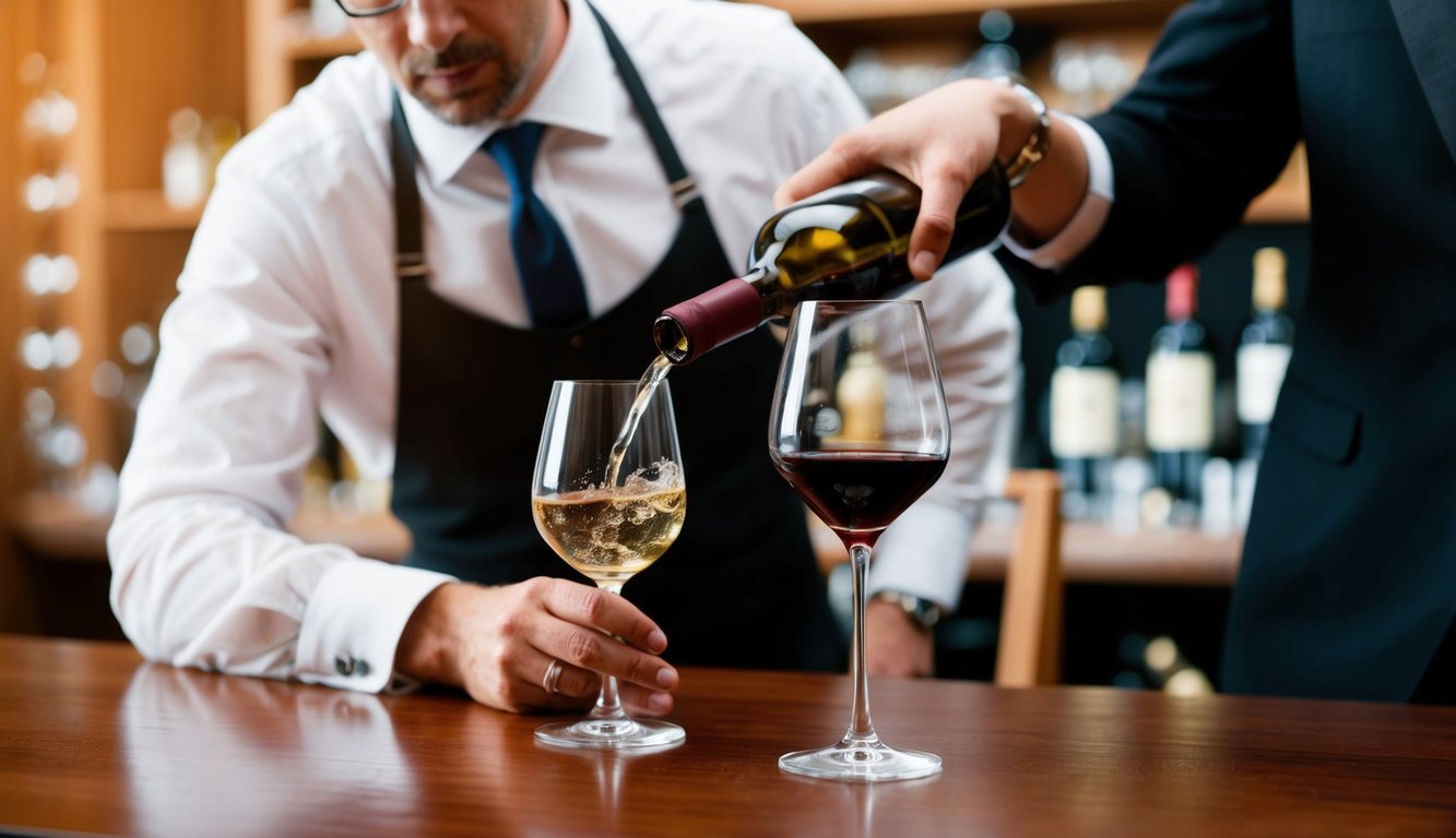 A sommelier recoils as a guest swirls a glass of older wine, oblivious to the sediment settling at the bottom