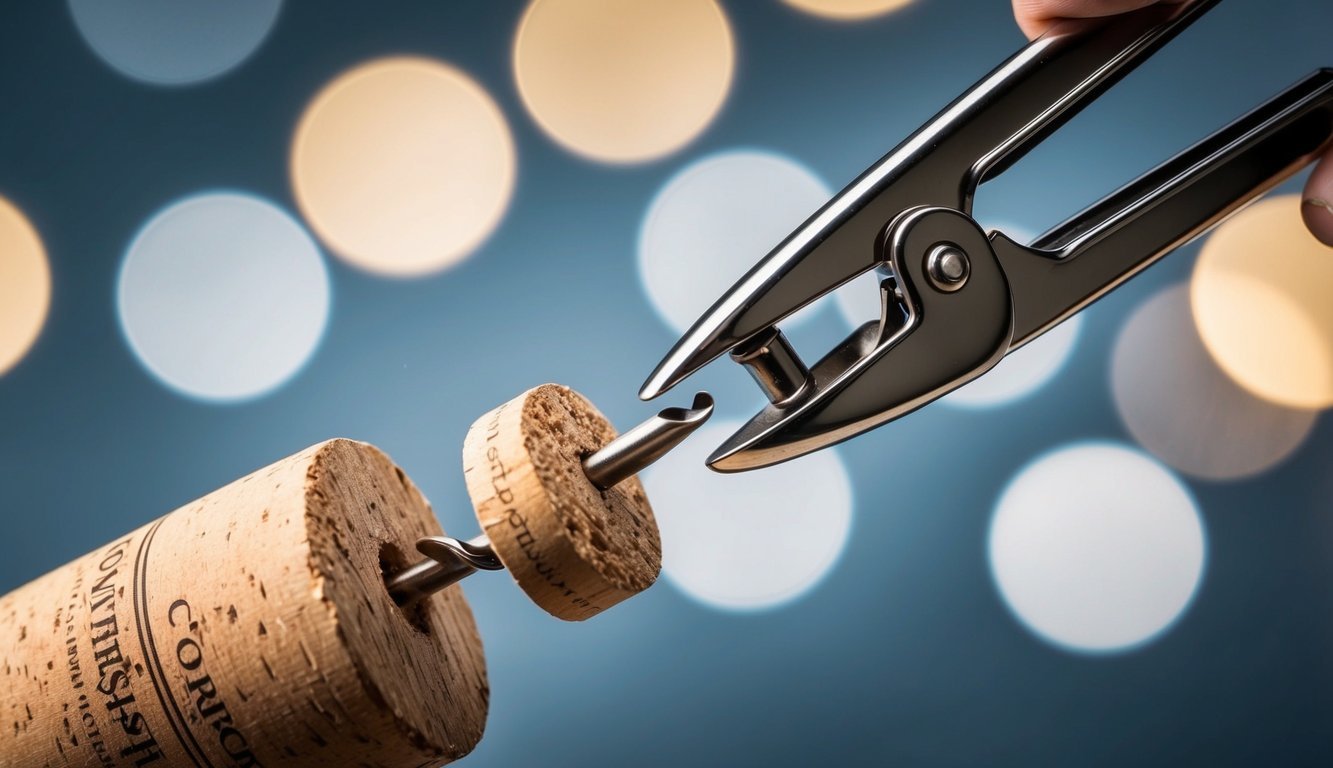 A corkscrew being forced into the cork at an awkward angle, causing it to splinter and break