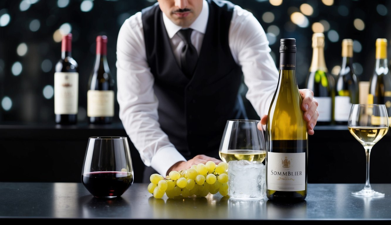 A sommelier cringes as a bottle of white wine sits on ice for too long, surrounded by other wine faux pas