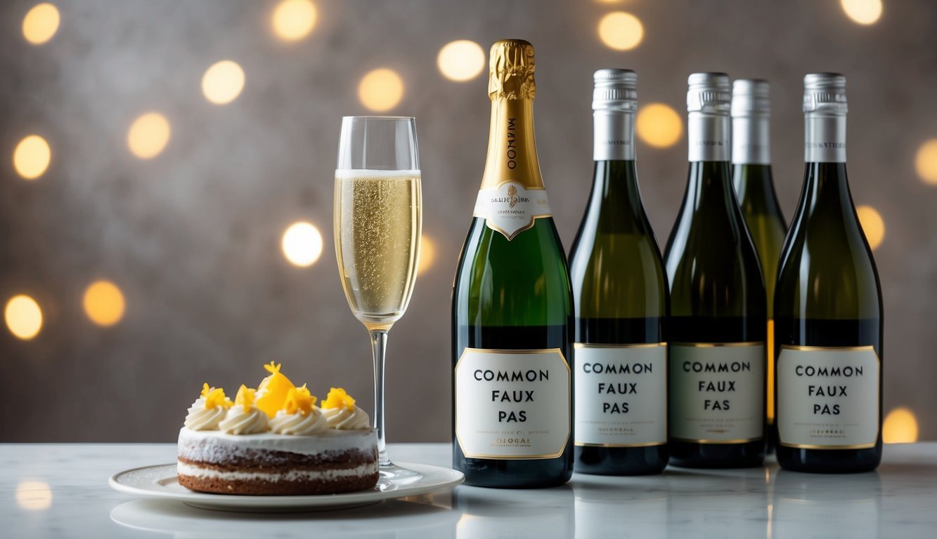 A sparkling glass of champagne next to a decadent dessert, surrounded by seven wine bottles labeled with common faux pas