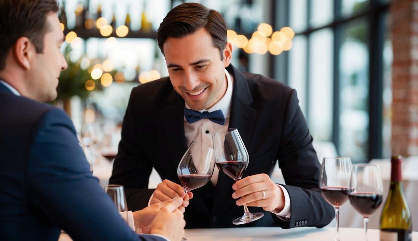 A sommelier cringing as a guest incorrectly holds a wine glass