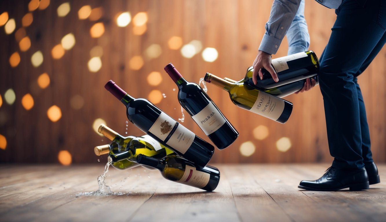 Person dropping wine bottles, spilling liquid on wooden floor