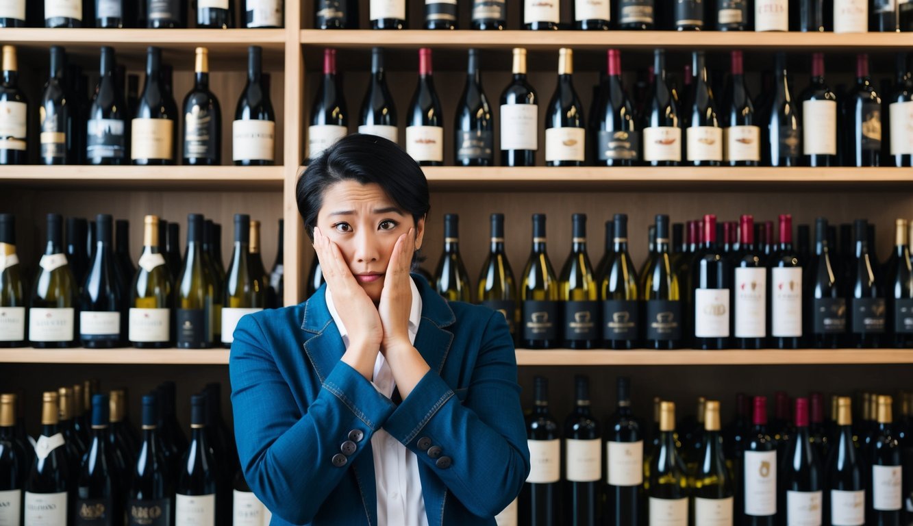 A person standing in front of a shelf filled with expensive wine bottles, looking overwhelmed and unsure which one to choose