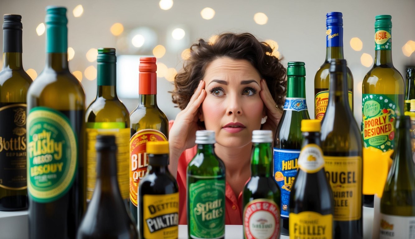 A person surrounded by bottles with overly flashy, kitschy, or poorly designed labels, looking overwhelmed and uncertain