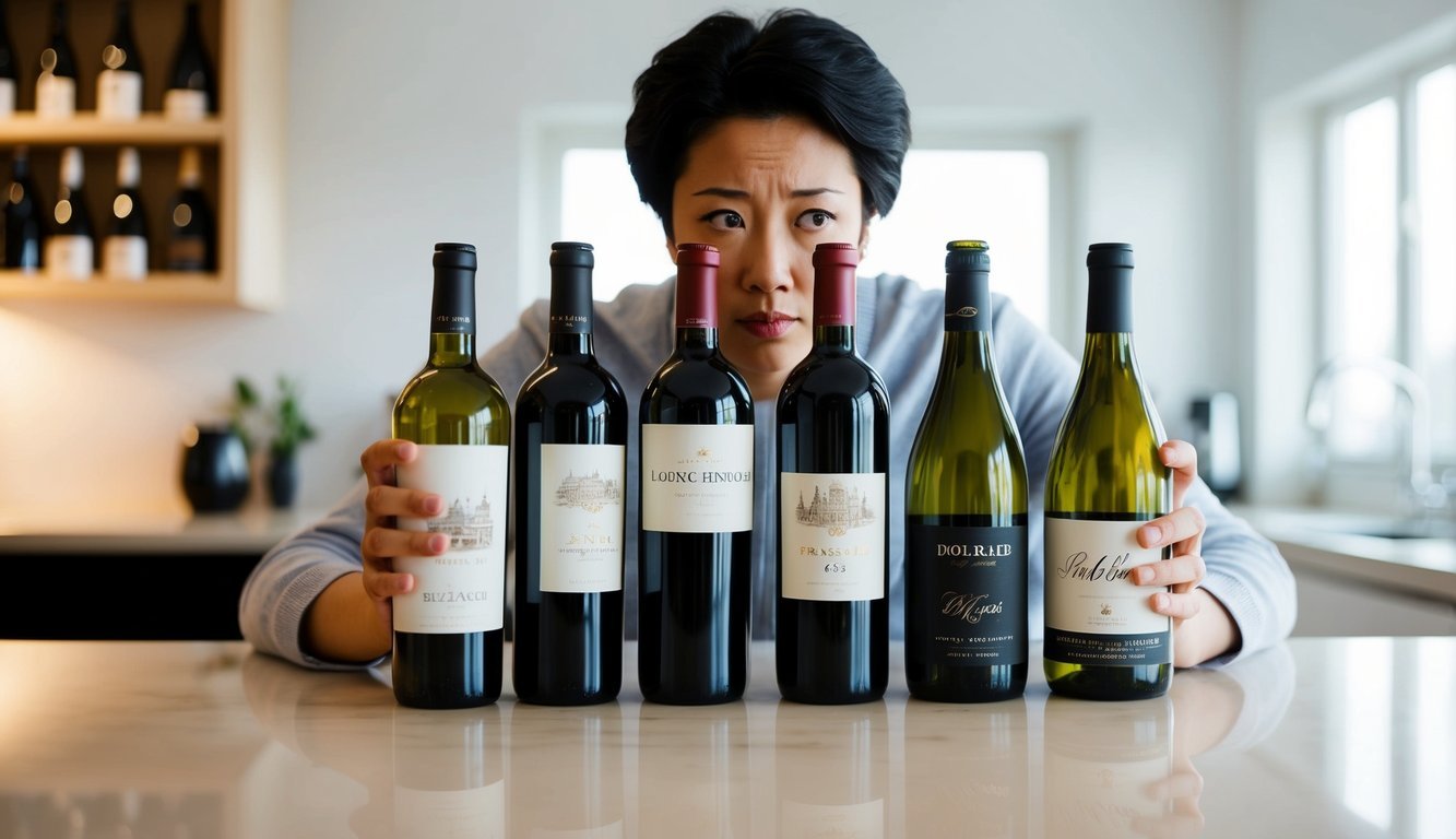 A person holding six bottles of wine, each with a different label, looking confused and overwhelmed