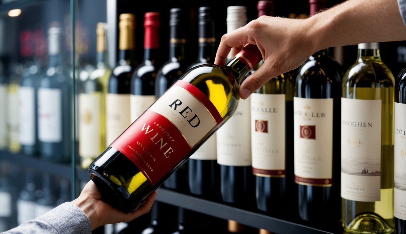 A person reaching for a bottle labeled "red wine" while standing in front of a display of white wines