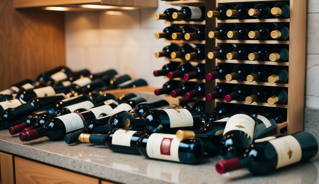 A cluttered wine rack with multiple identical bottles, overflowing onto the countertop