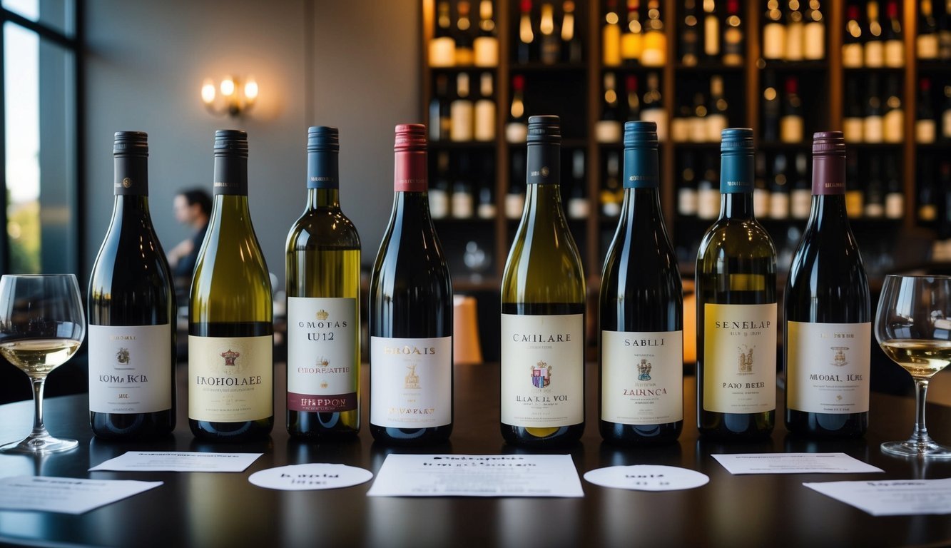 Wine bottles lined up on a table, with glasses and a wine rack