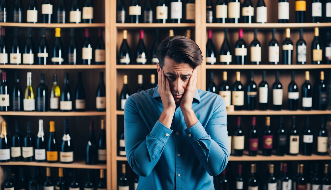 A person standing in front of a shelf of wine, looking confused and overwhelmed, with various bottles scattered around them