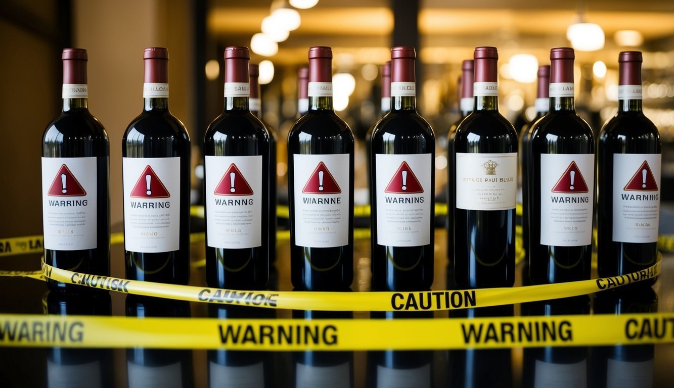 Bottles of wine with "Warning" labels, behind caution tape