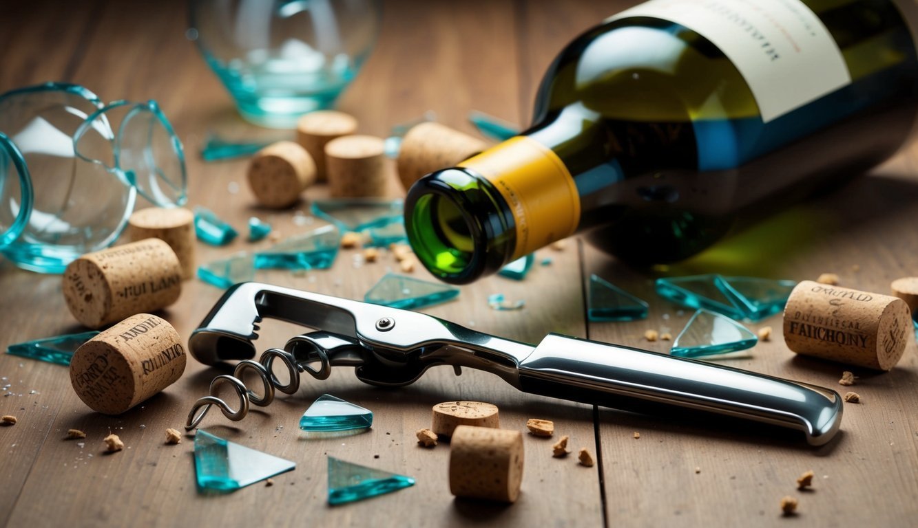Wine bottle, broken glass, corks, and corkscrew on a wooden surface