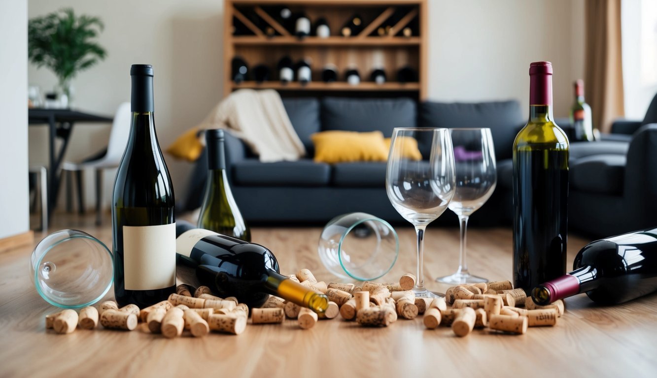 A cluttered living room with empty wine bottles, scattered corks, and overflowing wine glasses