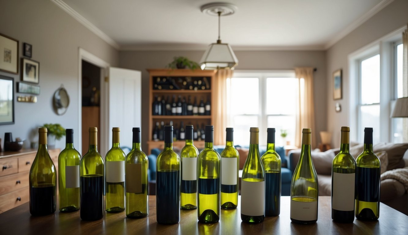 Empty wine bottles hidden in various rooms of a cluttered house, waiting to be discovered like a grown-up scavenger hunt