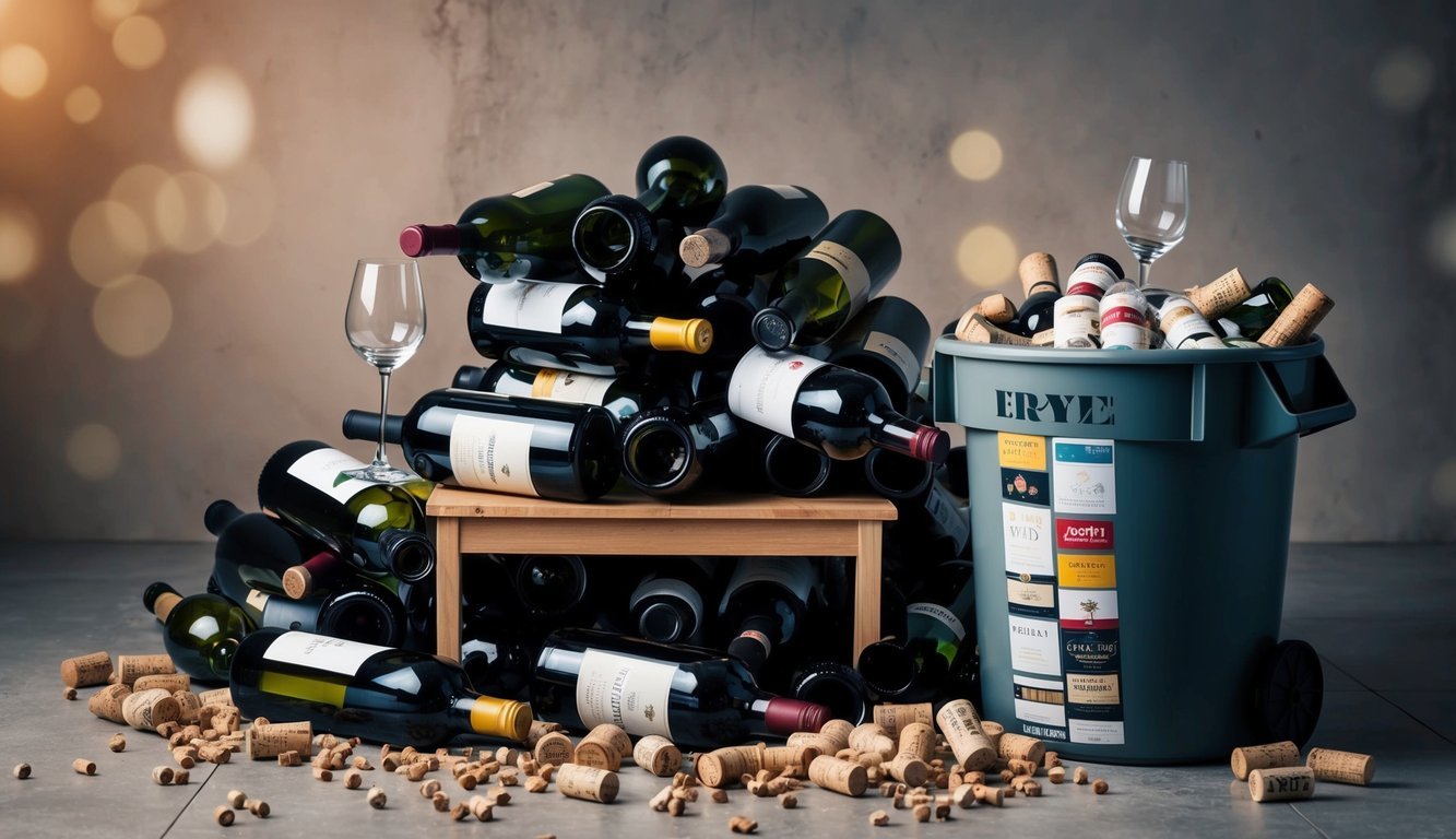 Empty wine bottles stacked in a chaotic pile, corks scattered across the floor, a wine glass precariously perched on the edge of a table, and a overflowing recycling bin filled with wine labels