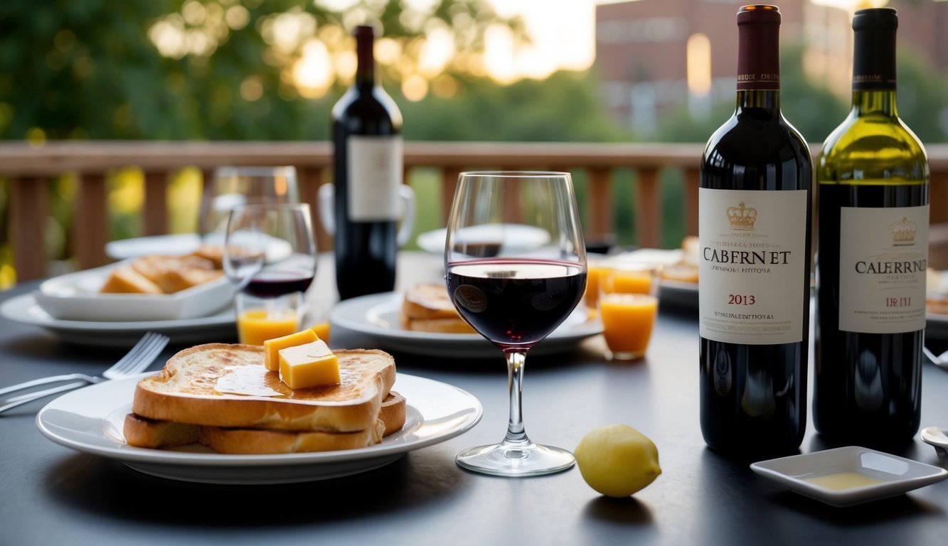 A table set with French toast and a glass of Cabernet.</p><p>Wine bottles and breakfast items scattered around, indicating a growing obsession