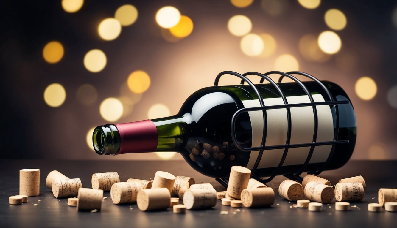 An empty wine bottle surrounded by chew marks, scattered corks, and a toppled wine rack