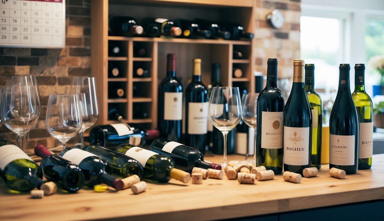 A cluttered kitchen counter with empty wine bottles, corks, and overflowing glasses.</p><p>A wine rack filled to the brim and a calendar marked with frequent wine tastings