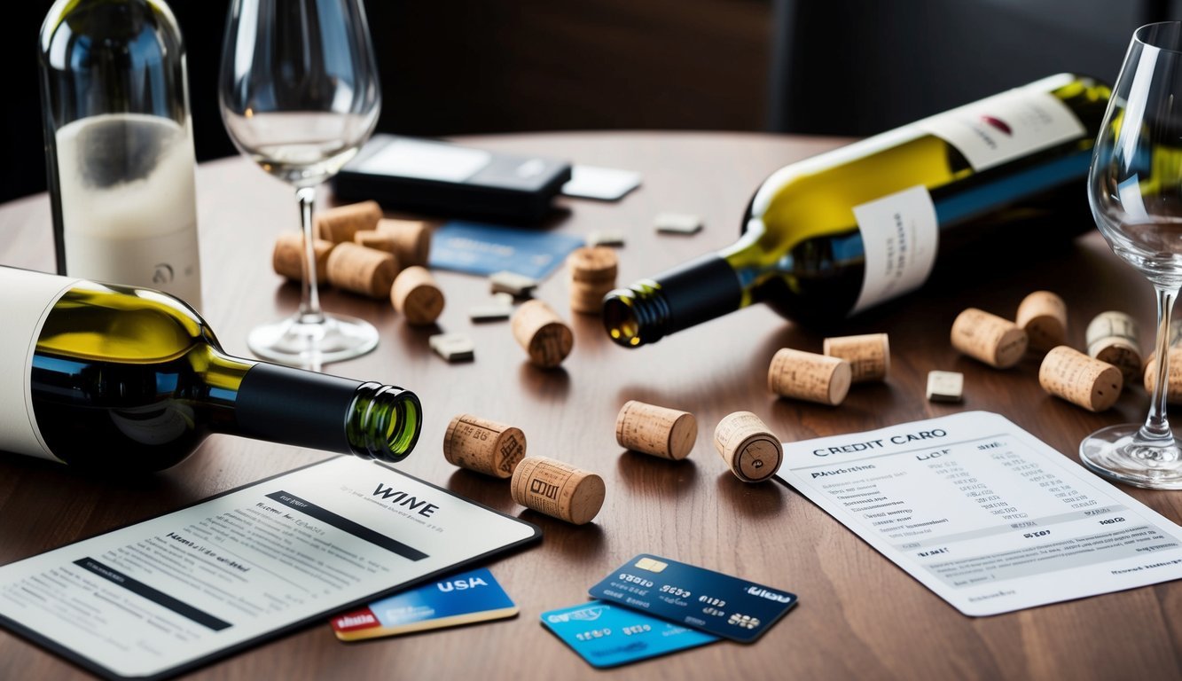 A cluttered table with empty wine bottles, corks, and scattered credit cards.</p><p>A wine menu and credit card statement side by side