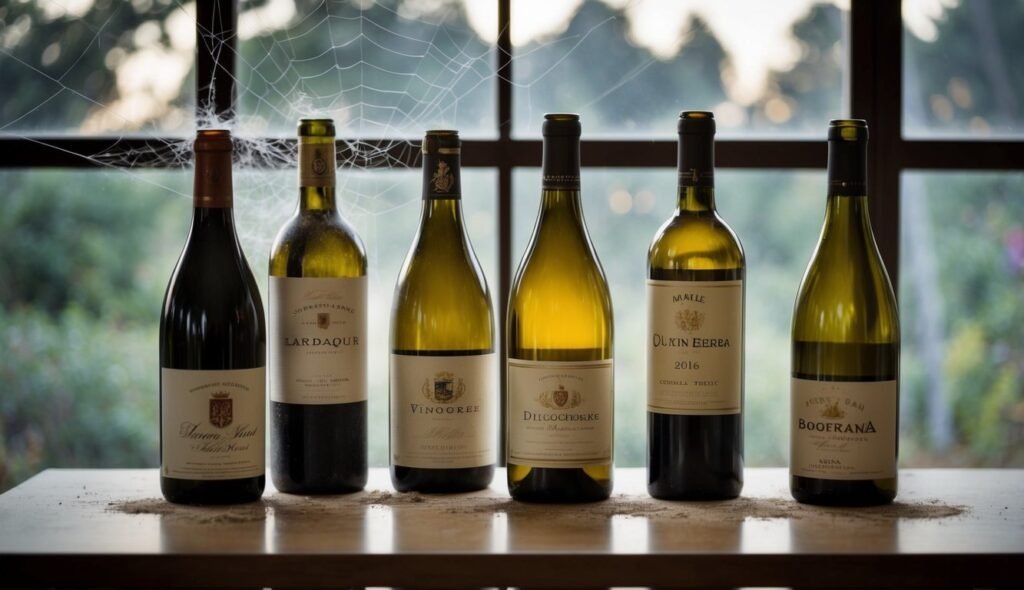 Six wine bottles on a table in front of a window with a spider web