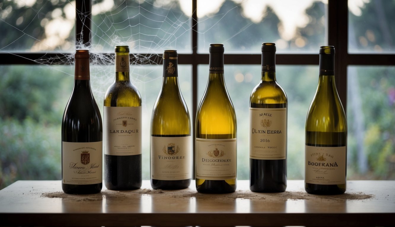 Six wine bottles on a table in front of a window with a spider web