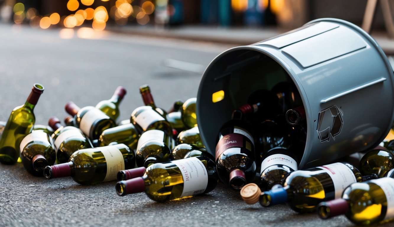 The overflowing recycle bin is surrounded by empty wine bottles, spilling onto the ground