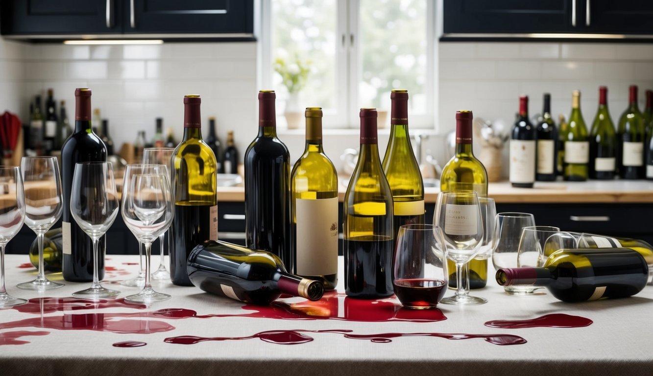 A cluttered kitchen counter with multiple empty wine bottles and overflowing glasses.</p><p>Wine stains on the tablecloth and an open bottle with a spilled red puddle