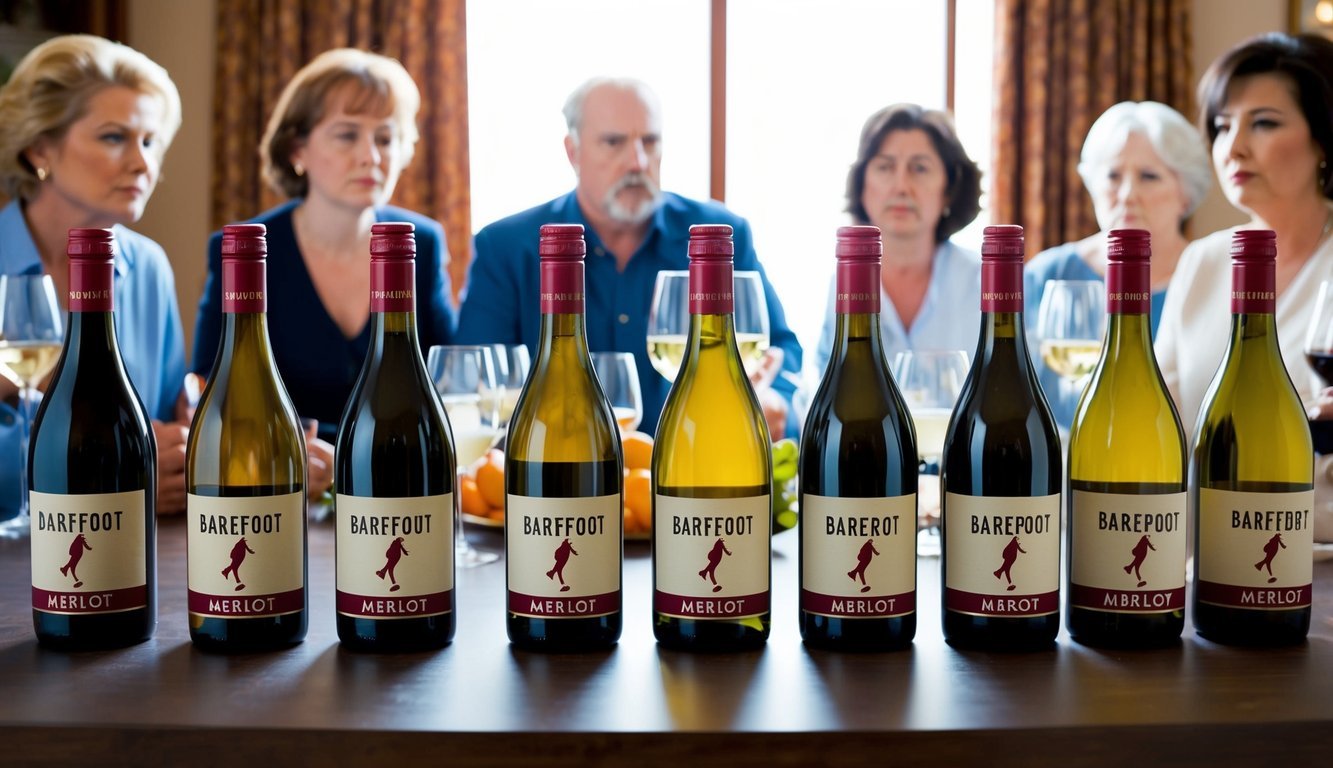 A table with 7 open bottles of wine, each labeled "Barefoot Merlot" and a group of disapproving looking in-laws