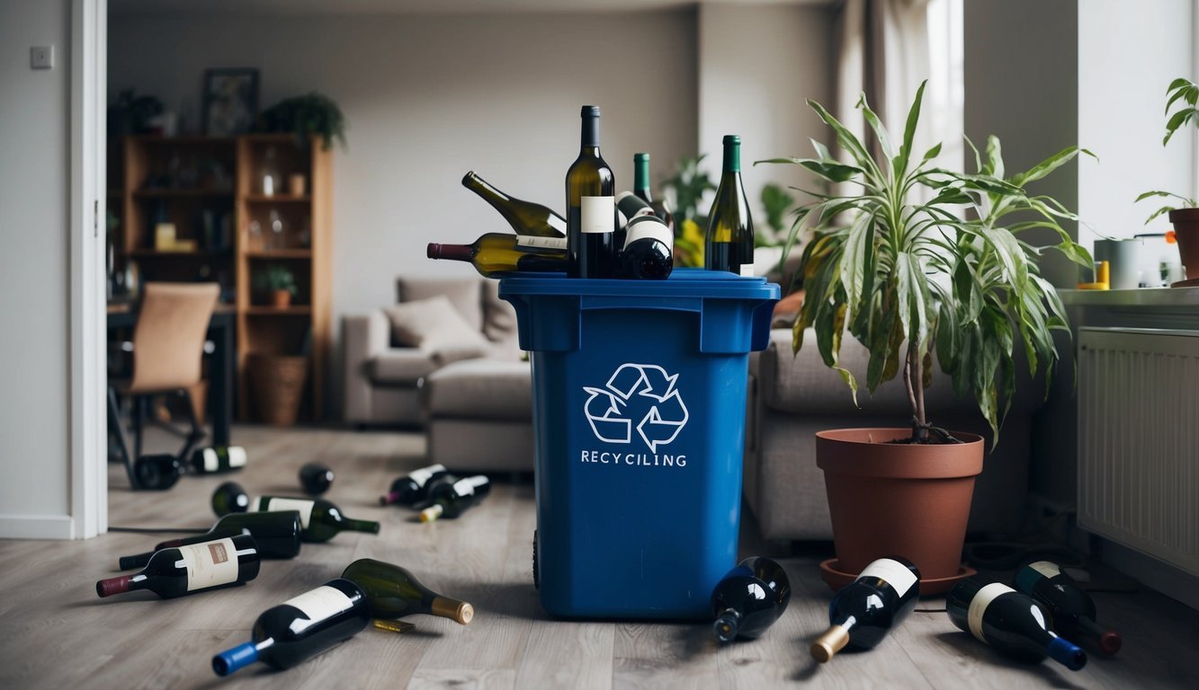 Empty wine bottles scattered, overflowing recycling bin, neglected plants, and disheveled living space