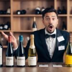 Sommelier with surprised expression, surrounded by bottles of wine