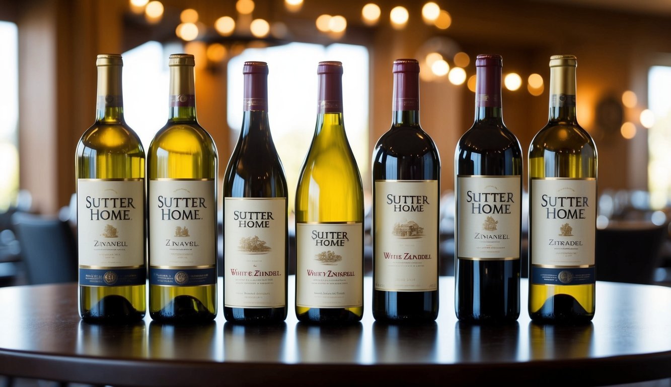 A table with 7 bottles of wine, including Sutter Home White Zinfandel, arranged for a tasting