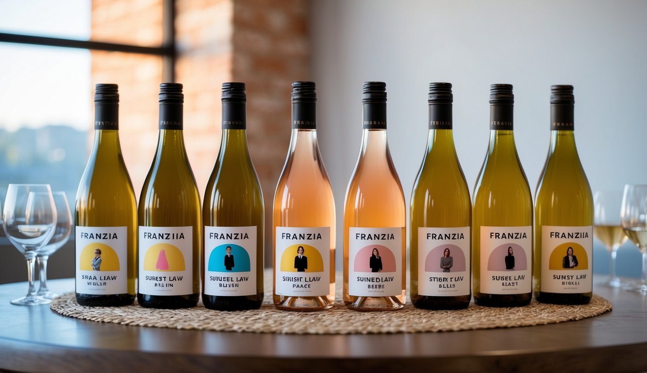 A table set with 7 bottles of Franzia Sunset Blush wine, each labeled with a different snobbish in-law stereotype